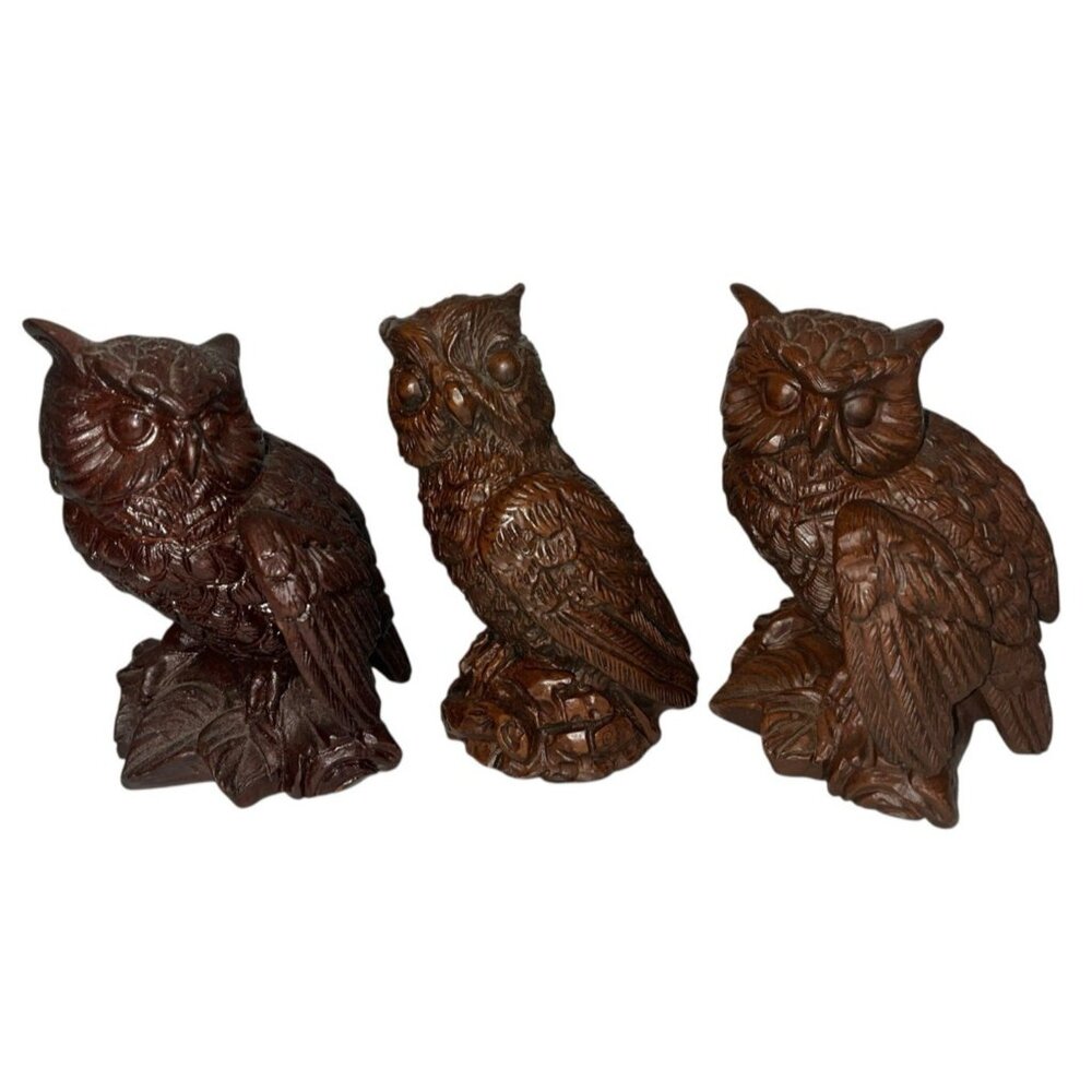 3 Statues Owl Figurine Twin Vintage Red Mill 1989 Collection Decor Nature Birds